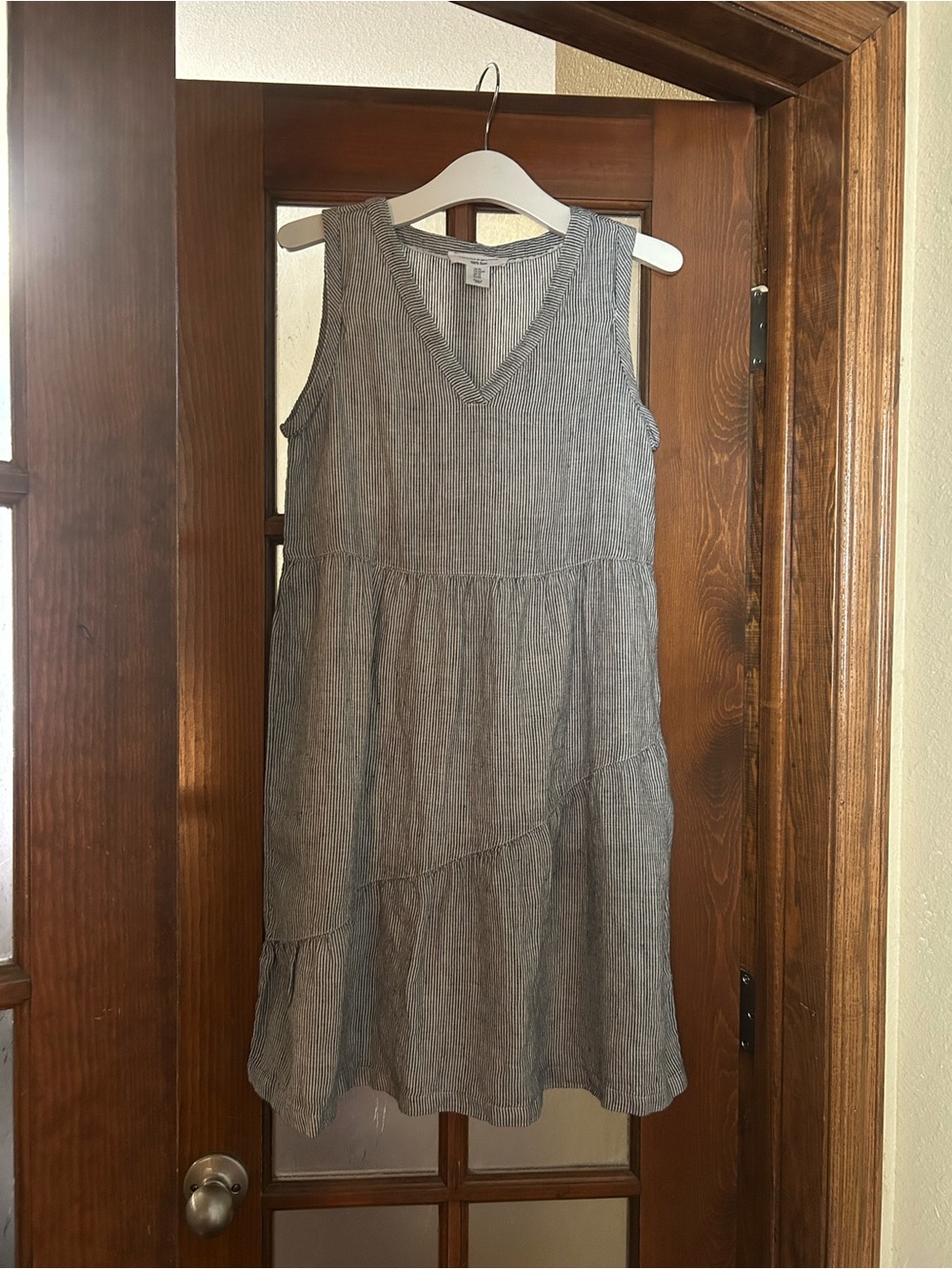 Lucky Brand Gray Striped V-Neck Tiered Midi Dress 100% linen XS